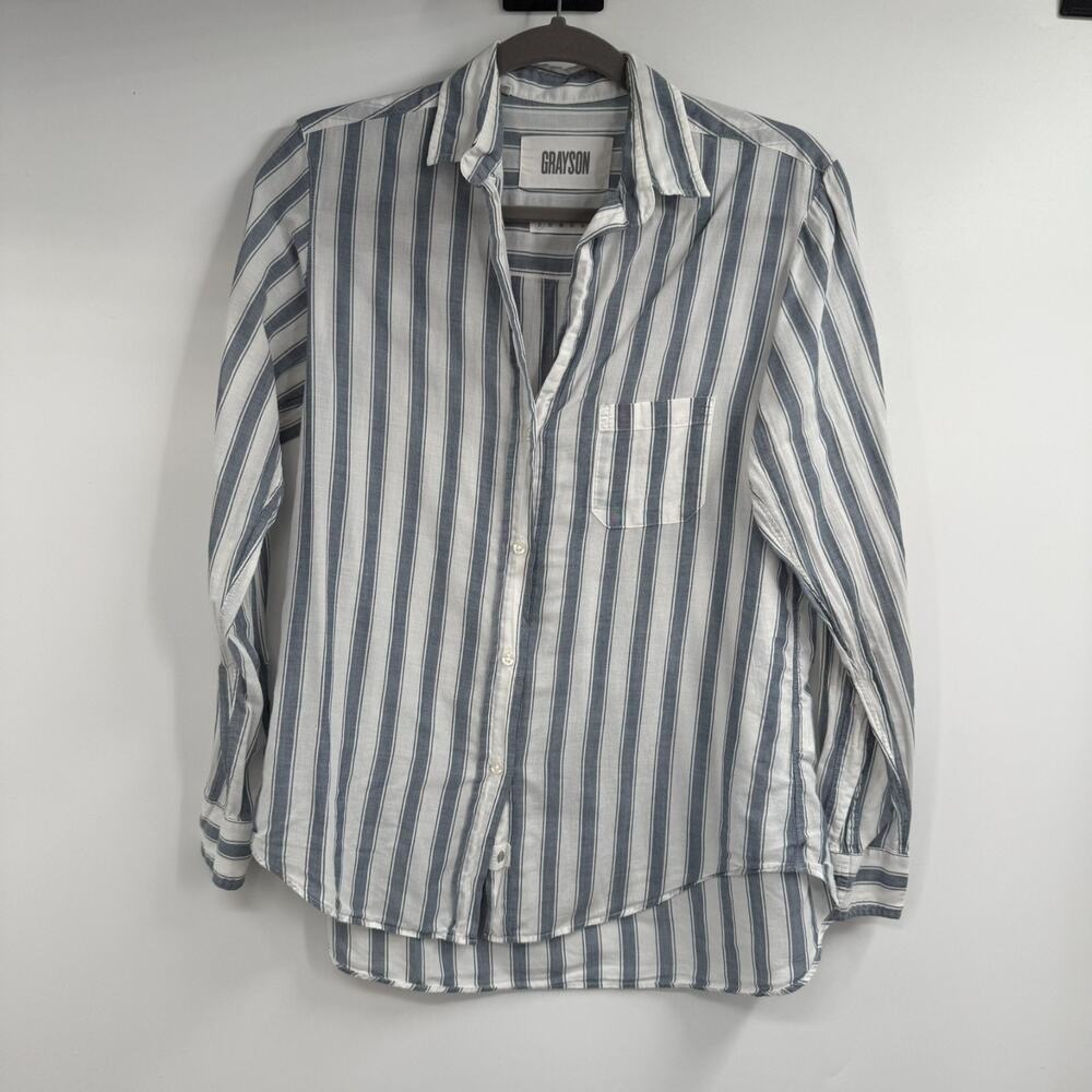 Grayson The Hero Shirt Size 1 XS Blue White Striped Cotton Button Up Long Sleeve